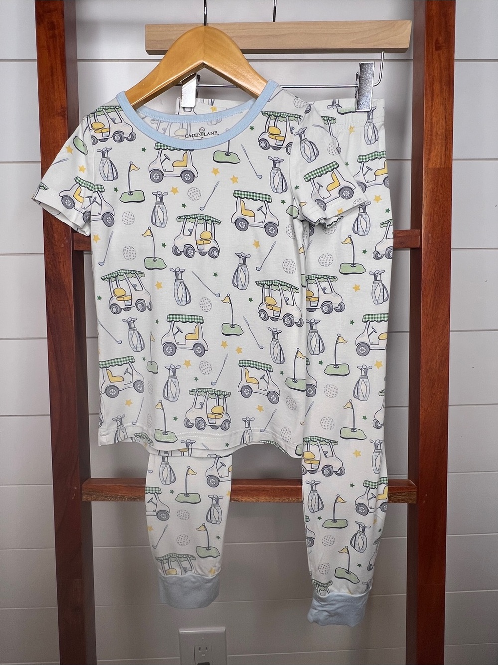 Caden Lane, Bamboo Golf Cart Print Pajama Set - White, Light Blue, Yellow, Green